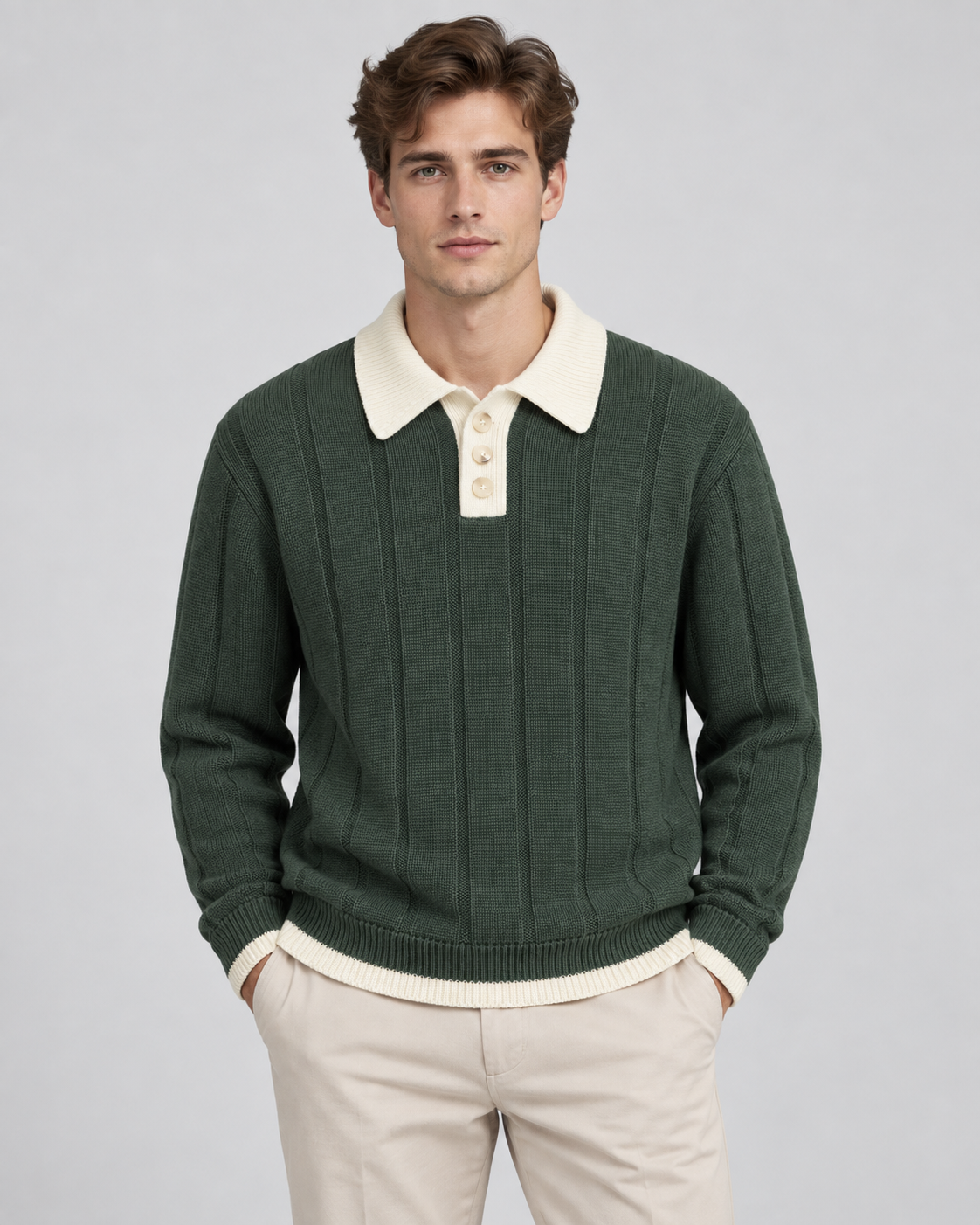 Men's Contrast Collar Polo Sweater - Ribbed Knit Regular Fit