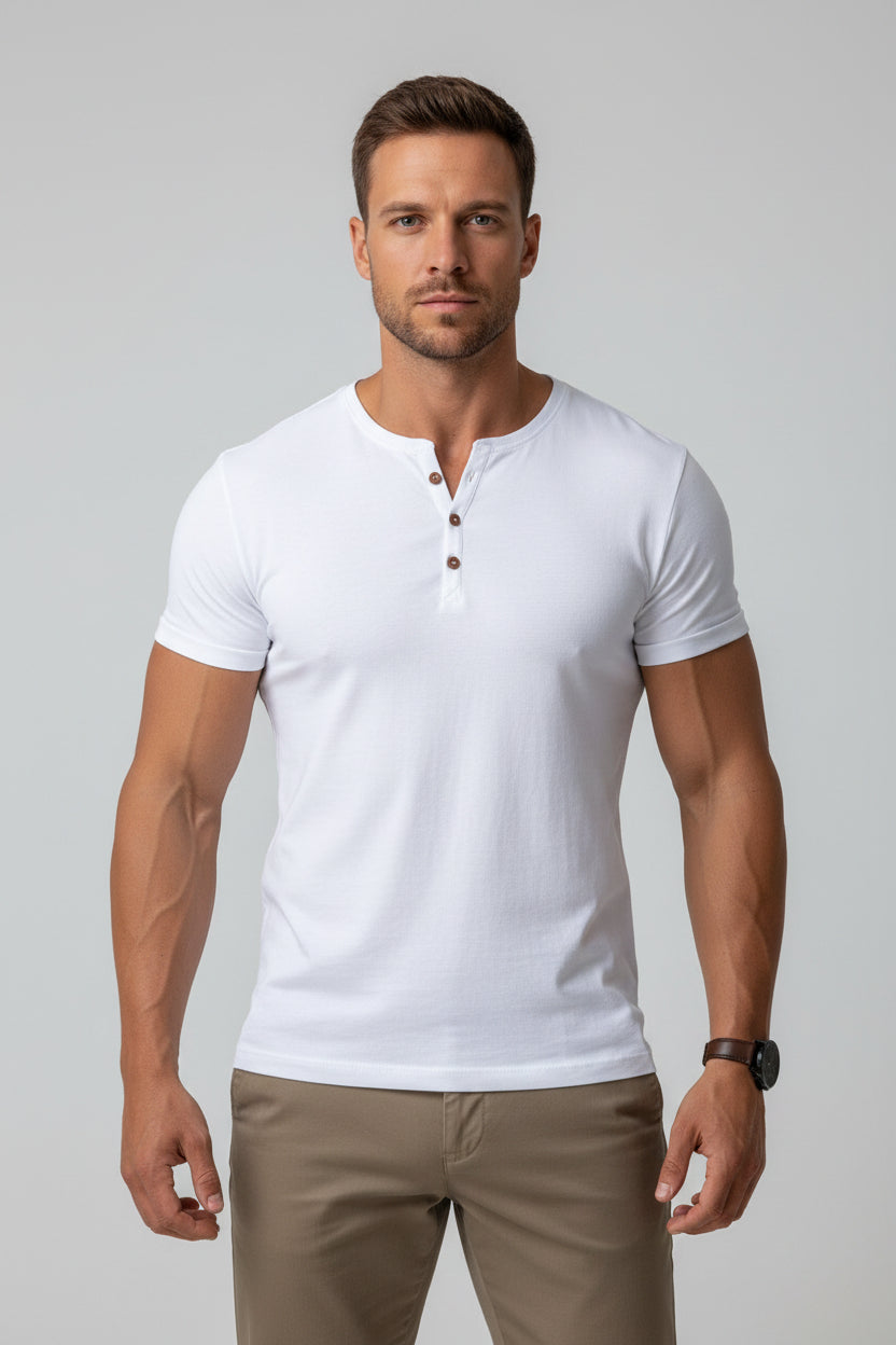 Men's Muscle Fit Henley T-Shirt – Short Sleeve Cotton Blend