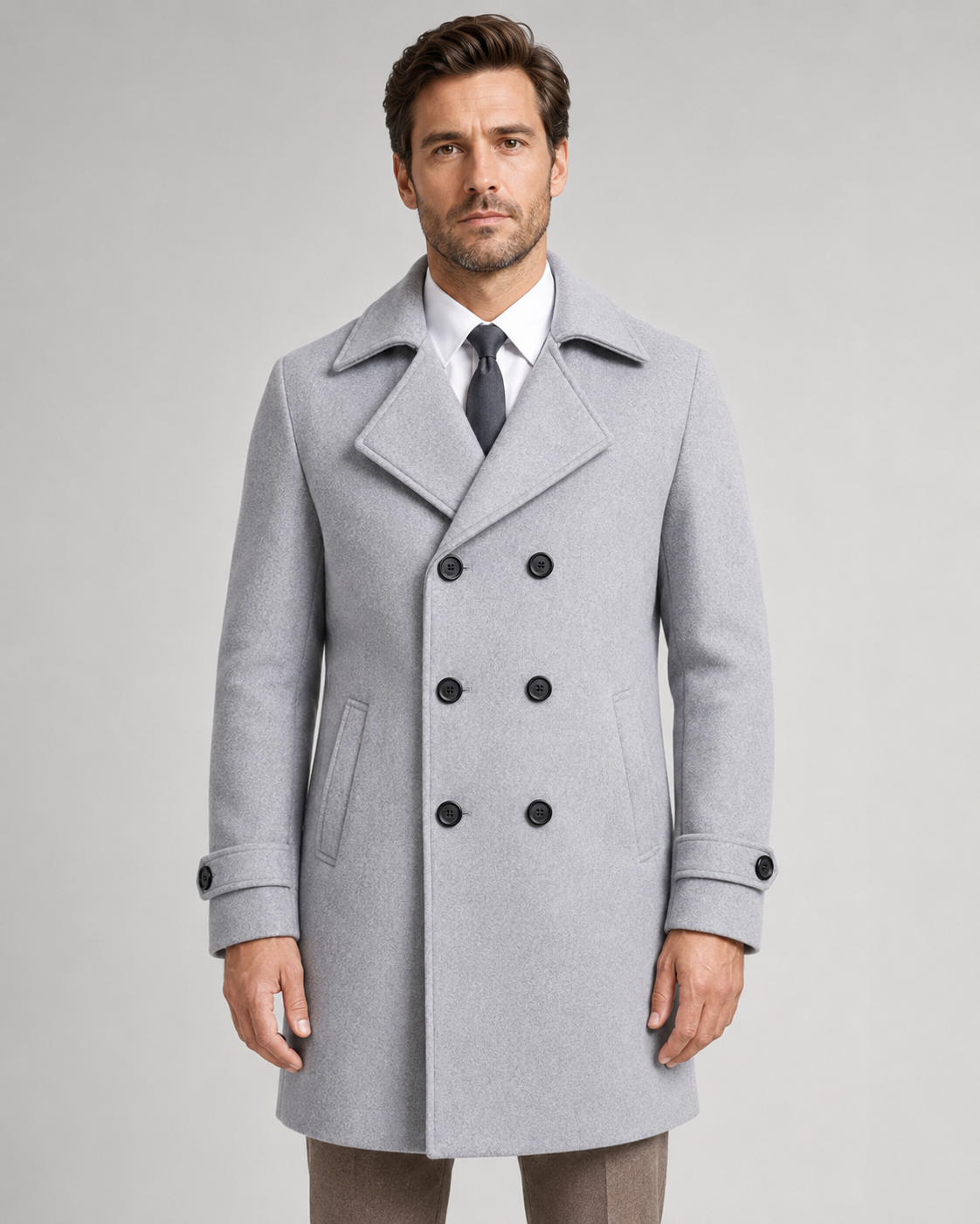 Men's Double-Breasted Wool Overcoat - Wide Lapel