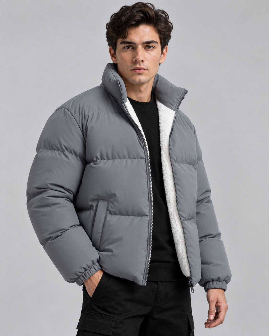 Men's Fleece-Lined Puffer Jacket - Funnel Neck Zip-Up