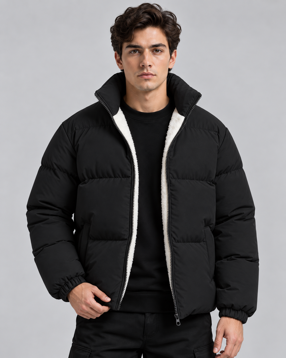 Men's Fleece-Lined Puffer Jacket - Funnel Neck Zip-Up
