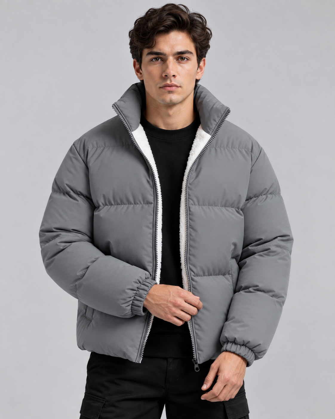 Men's Fleece-Lined Puffer Jacket - Funnel Neck Zip-Up