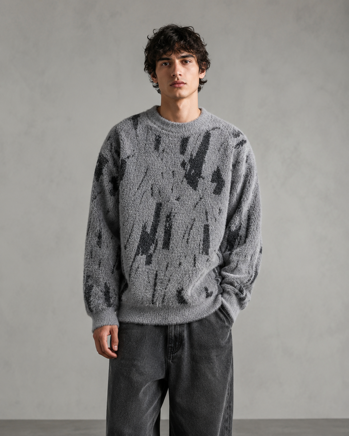 Men's Fuzzy Knit Sweater - Abstract Print Relaxed Fit