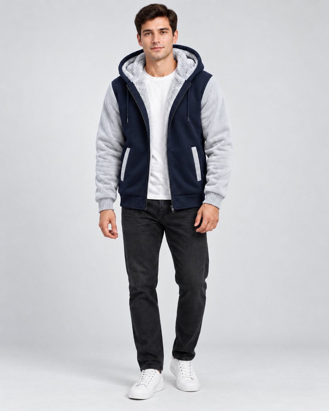 Men's Hooded Fleece Zip Jacket - Contrast Sleeve Regular Fit