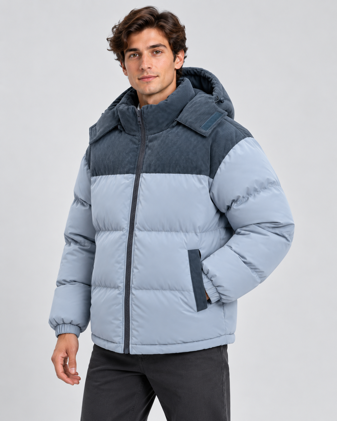 Men's Hooded Puffer Jacket - Corduroy Panel Zip-Up