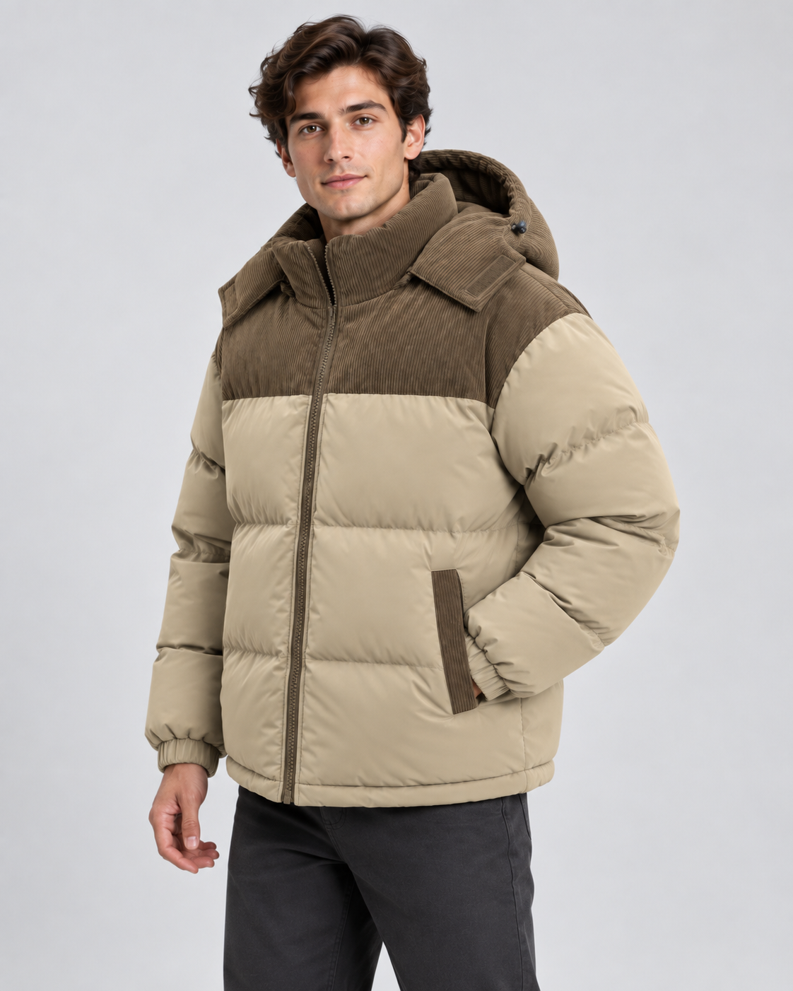 Men's Hooded Puffer Jacket - Corduroy Panel Zip-Up