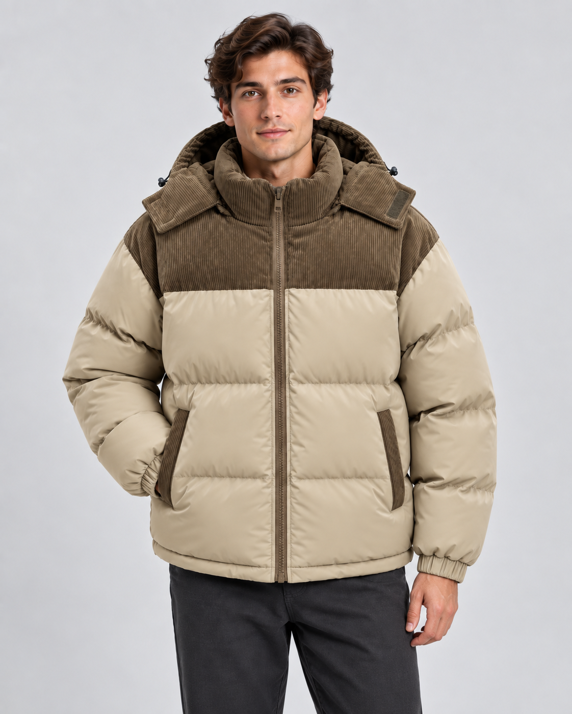 Men's Hooded Puffer Jacket - Corduroy Panel Zip-Up
