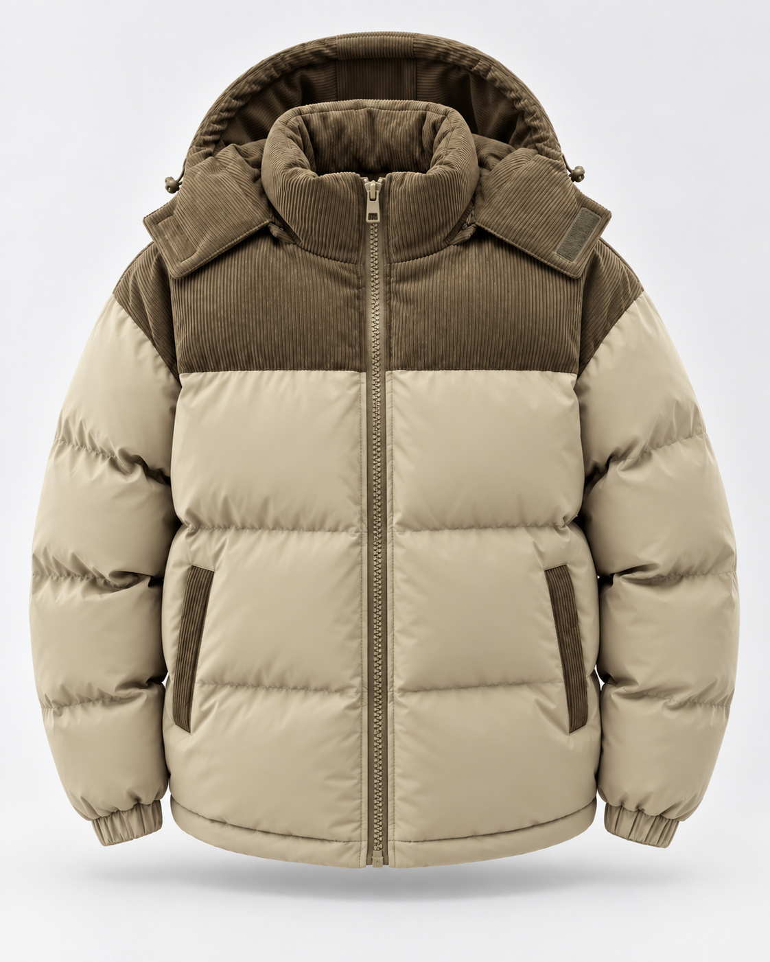 Men's Hooded Puffer Jacket - Corduroy Panel Zip-Up