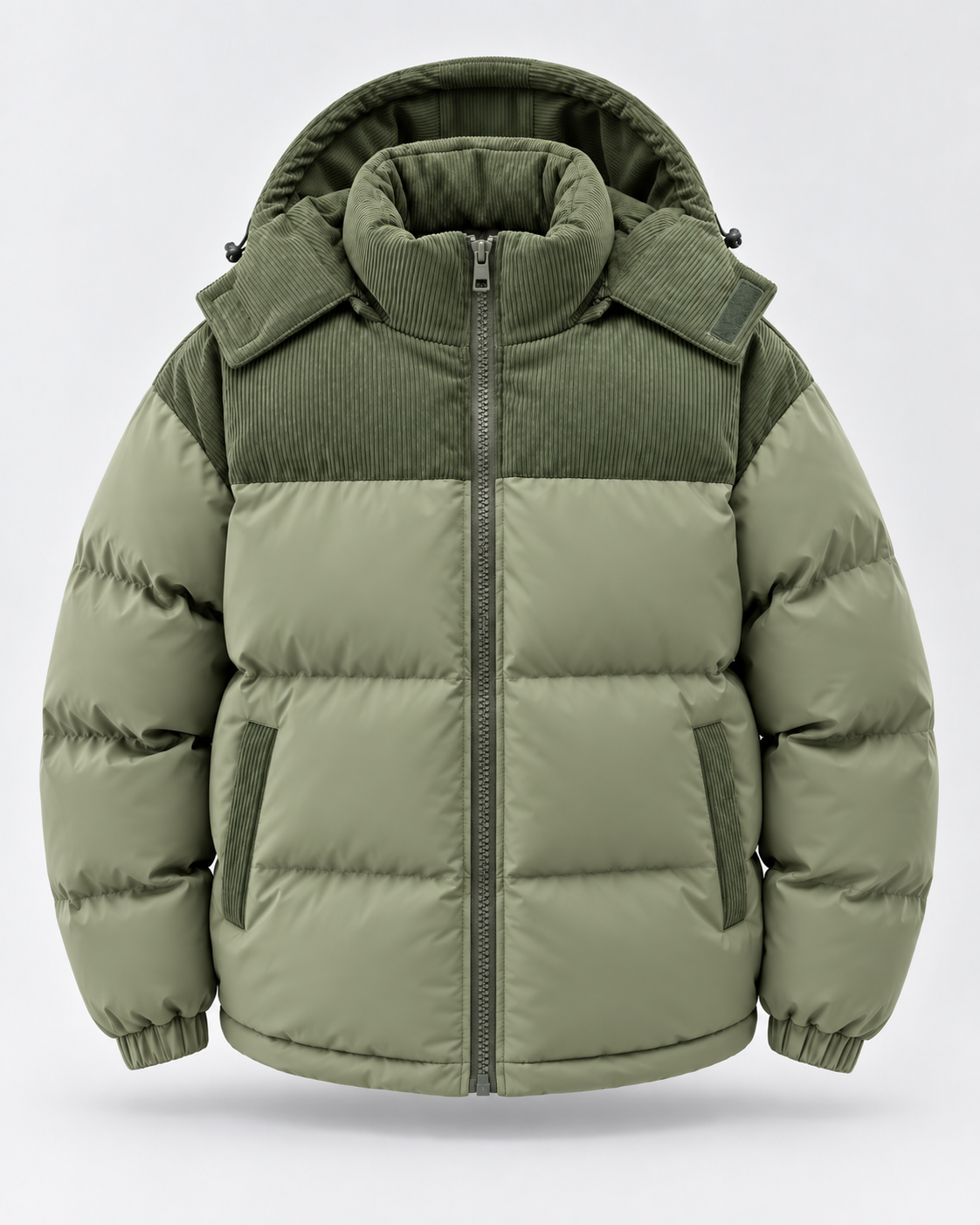 Men's Hooded Puffer Jacket - Corduroy Panel Zip-Up