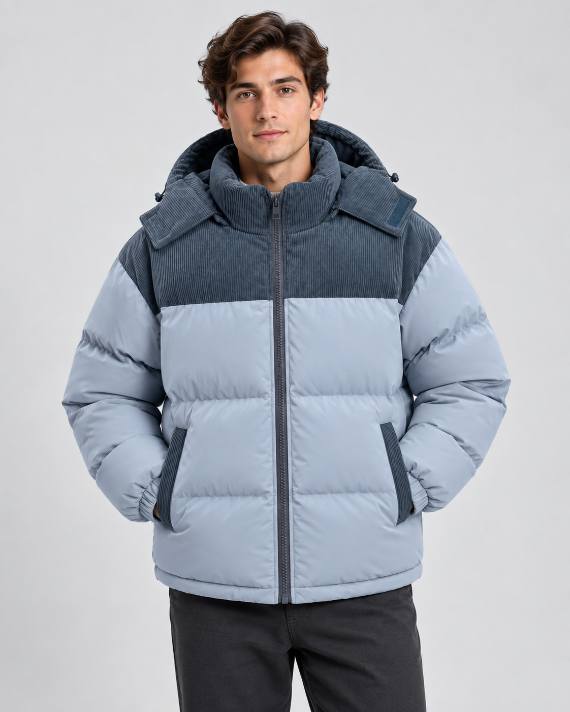 Men's Hooded Puffer Jacket - Corduroy Panel Zip-Up
