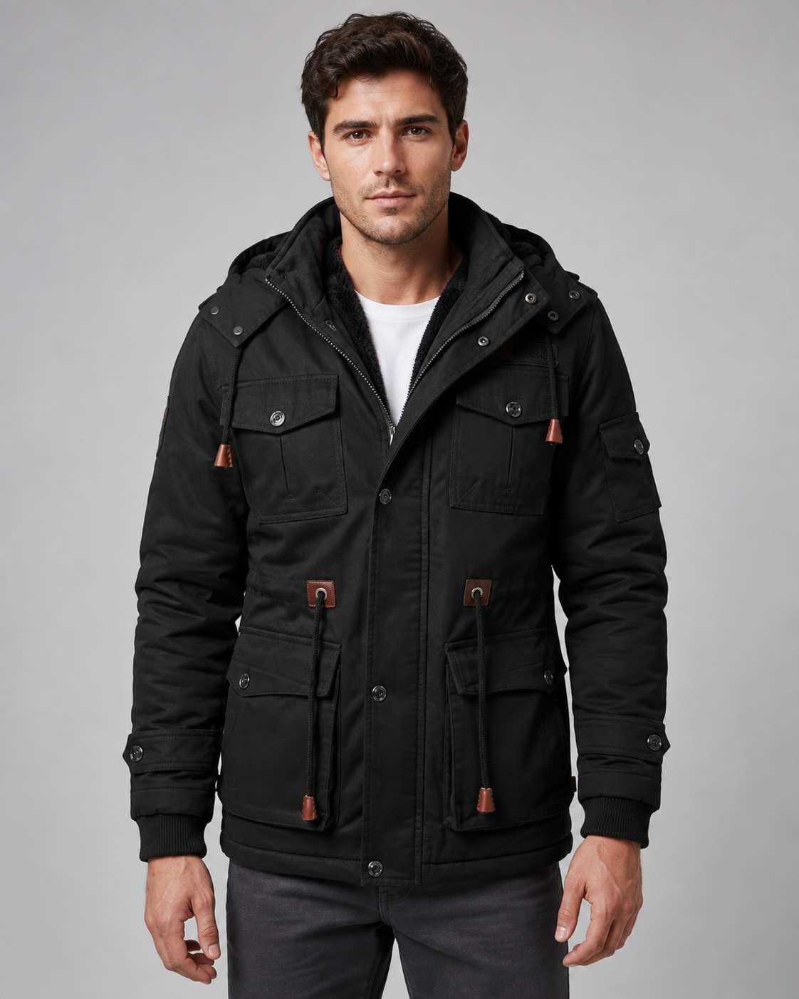 Men's Hooded Winter Parka – Multi-Pocket Regular Fit