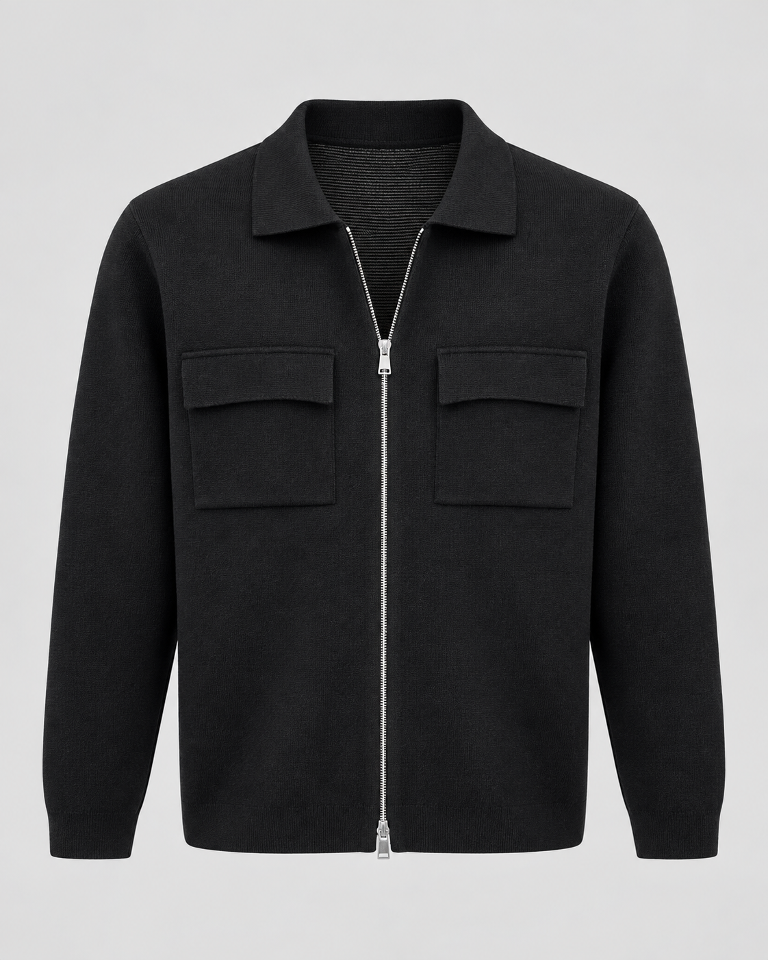 Men's Knit Zip Jacket - Shirt Collar Chest Pockets