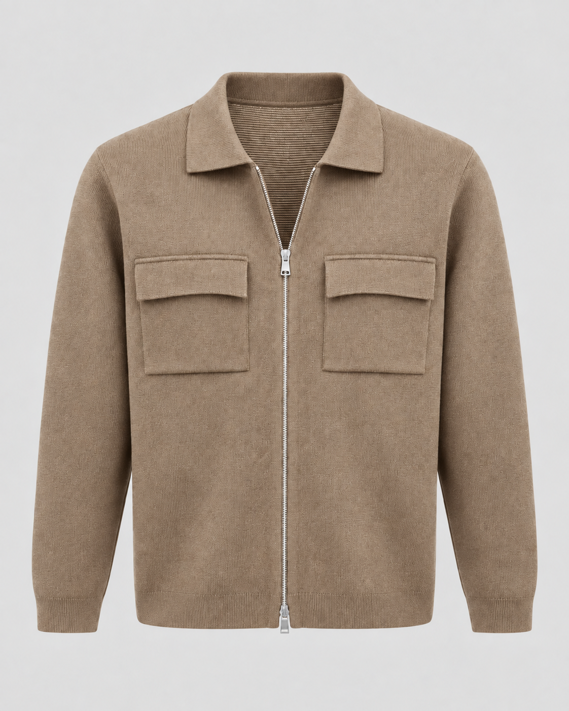 Men's Knit Zip Jacket - Shirt Collar Chest Pockets