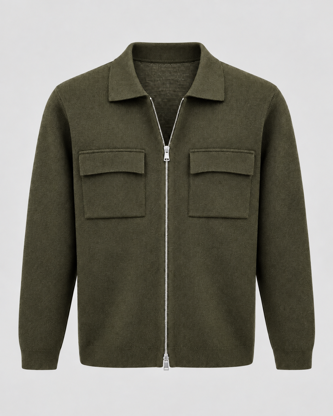 Men's Knit Zip Jacket - Shirt Collar Chest Pockets