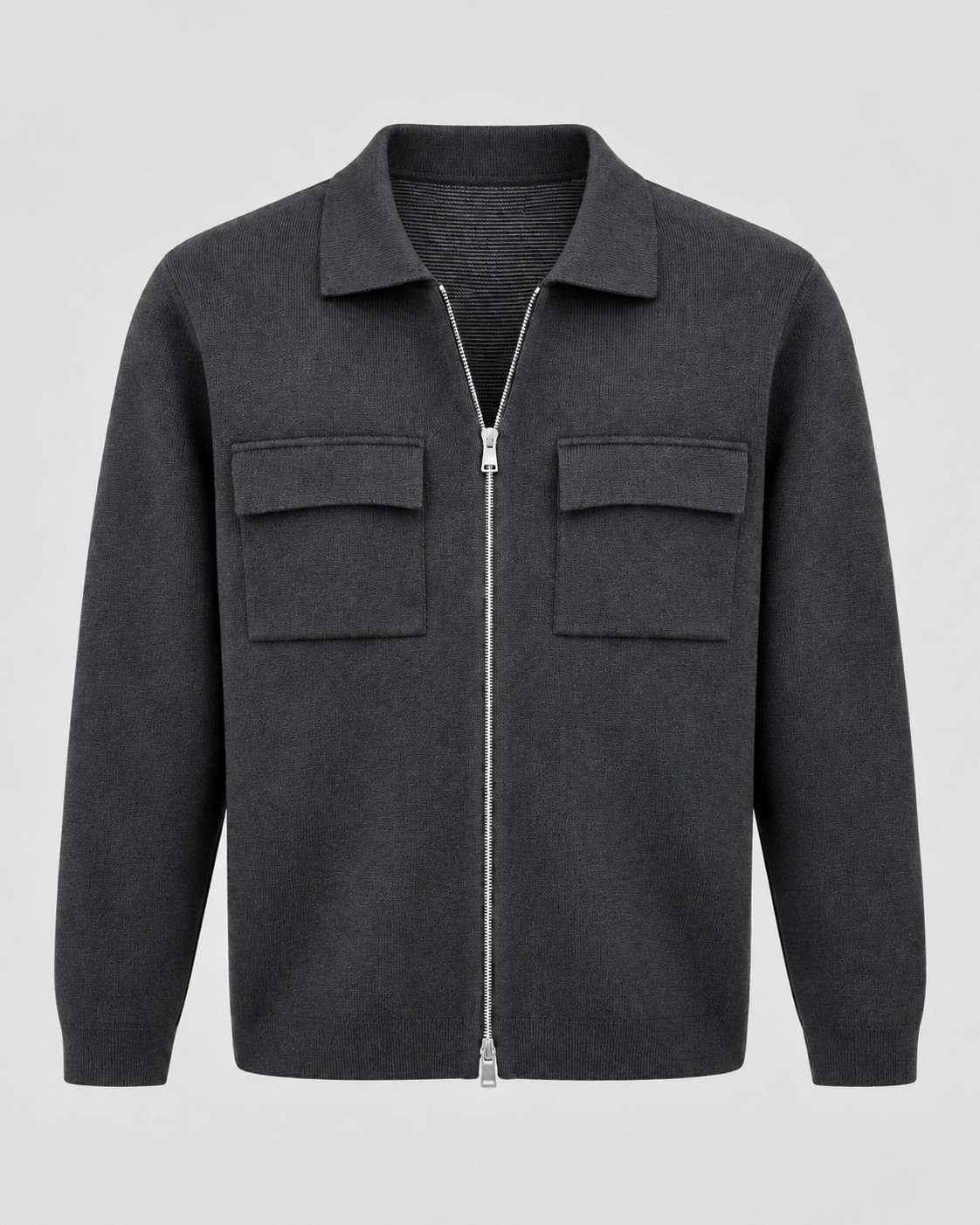 Men's Knit Zip Jacket - Shirt Collar Chest Pockets