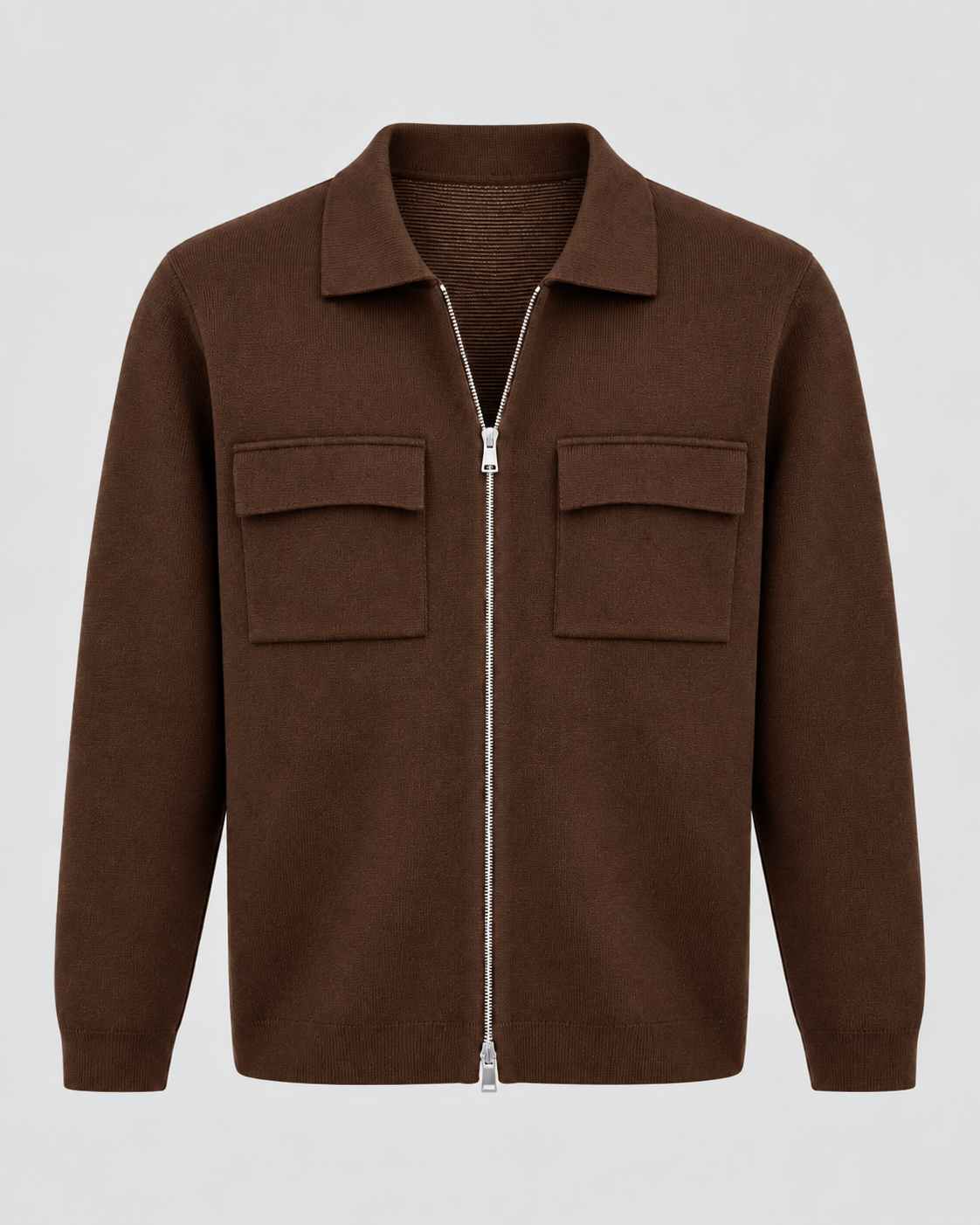 Men's Knit Zip Jacket - Shirt Collar Chest Pockets
