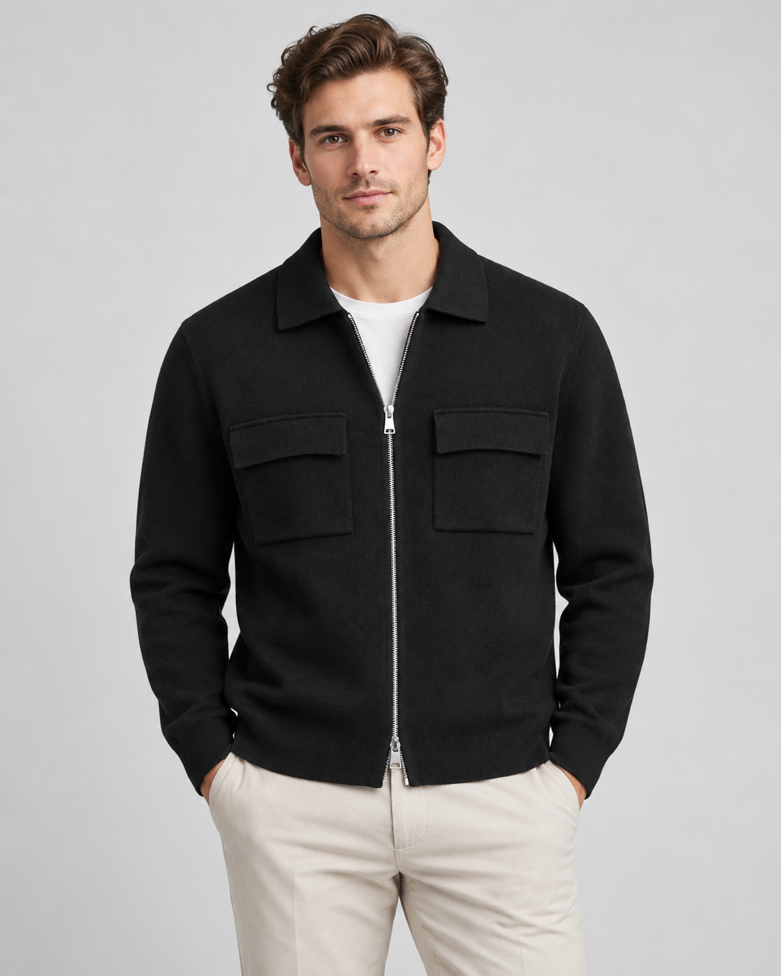 Men's Knit Zip Jacket - Shirt Collar Chest Pockets