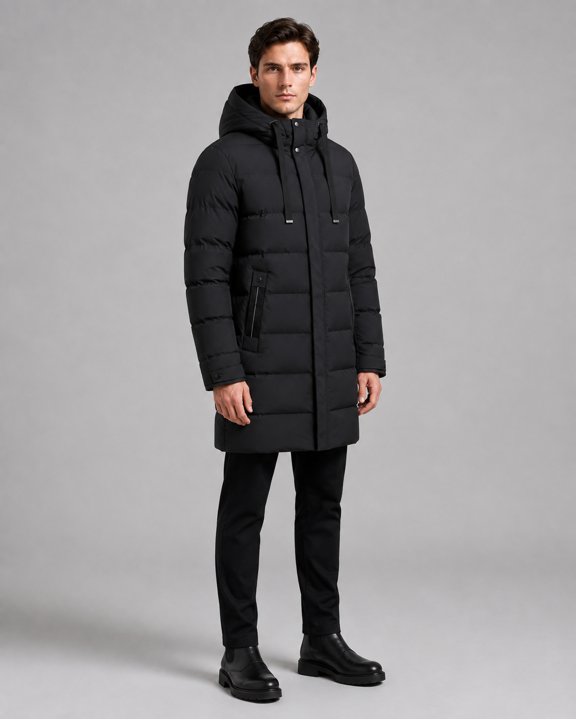 Men's Long Quilted Parka - Hooded Insulated Design