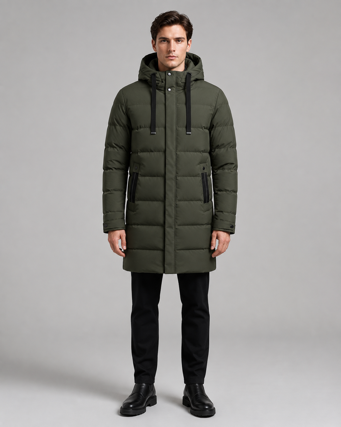 Men's Long Quilted Parka - Hooded Insulated Design
