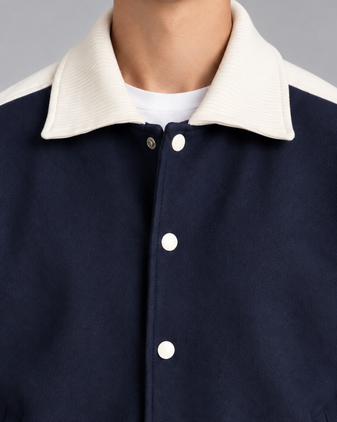 Men's Navy Varsity Jacket - Contrast Stripe Snap-Button Relaxed Fit