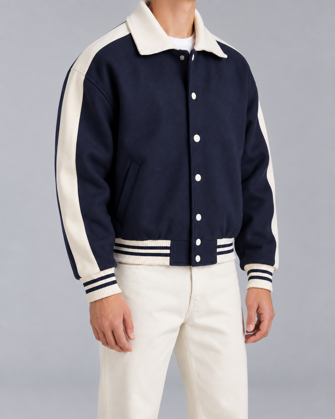 Men's Navy Varsity Jacket - Contrast Stripe Snap-Button Relaxed Fit