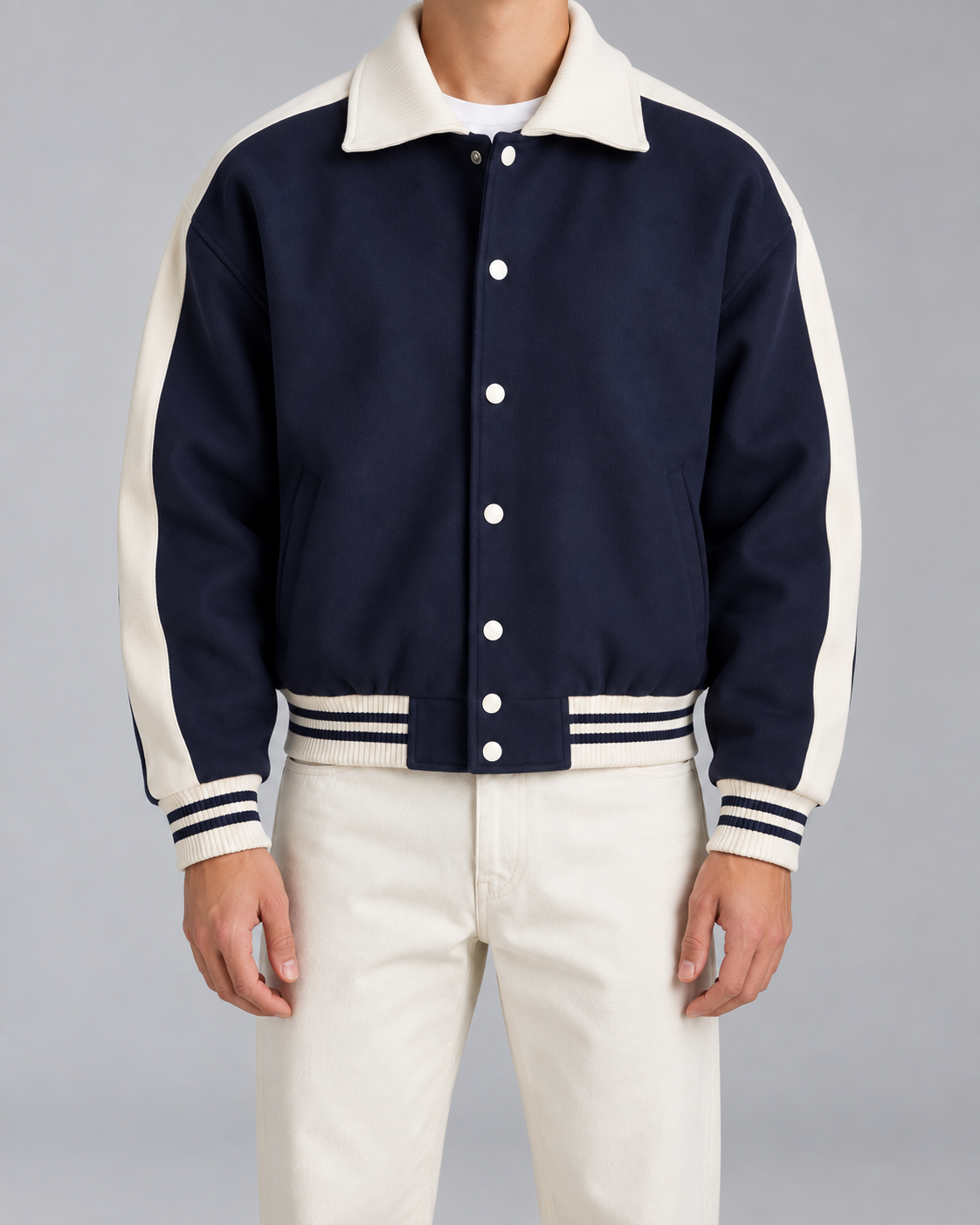 Men's Navy Varsity Jacket - Contrast Stripe Snap-Button Relaxed Fit