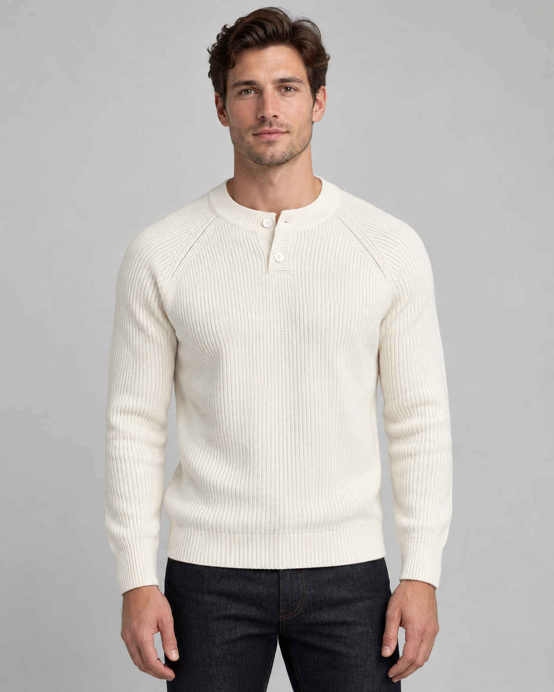 Men's Ribbed Henley Sweater - Button Placket Raglan Sleeve