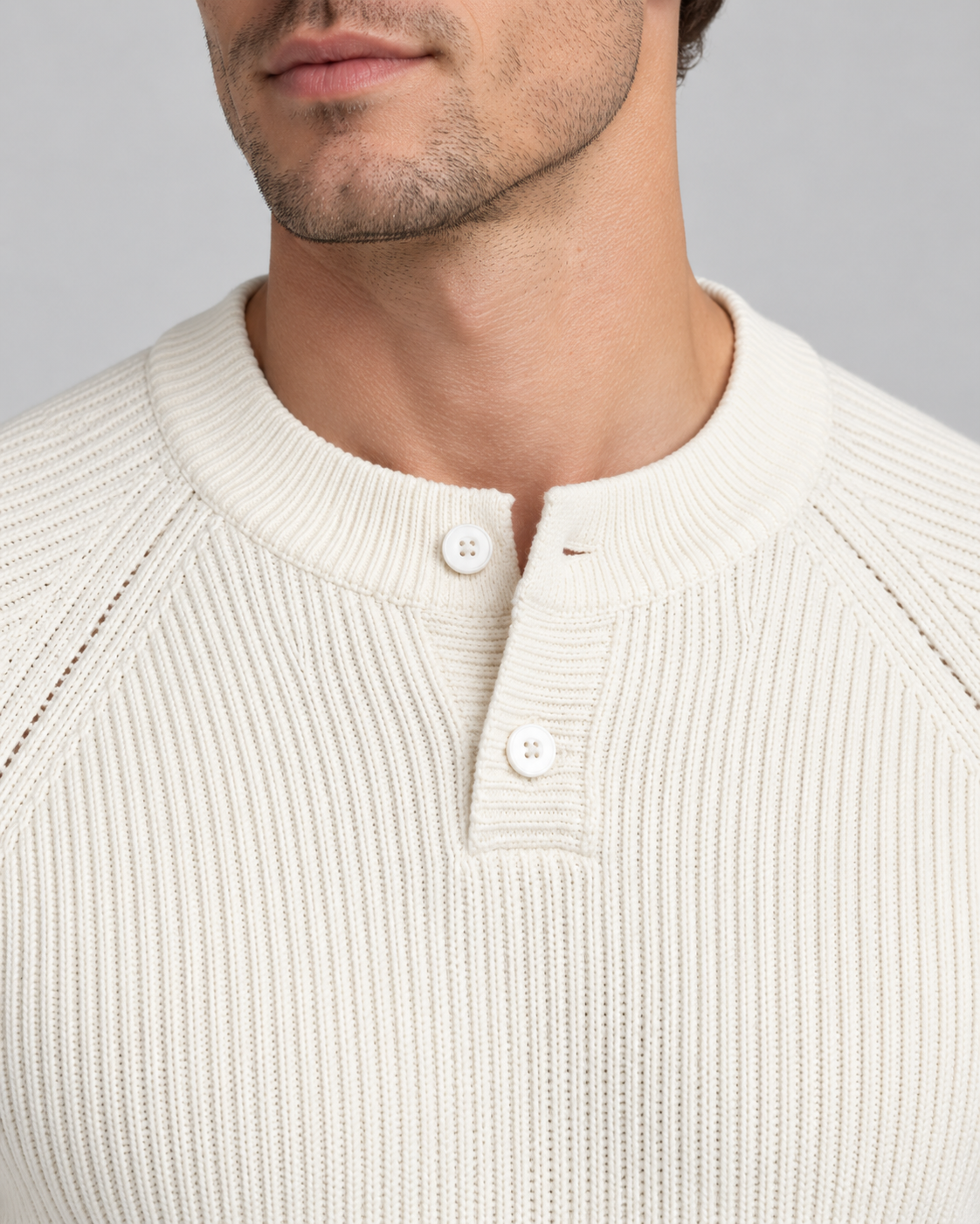 Men's Ribbed Henley Sweater - Button Placket Raglan Sleeve