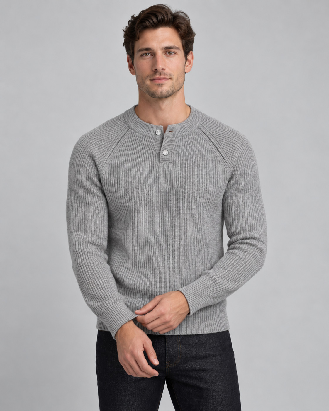 Men's Ribbed Henley Sweater - Button Placket Raglan Sleeve