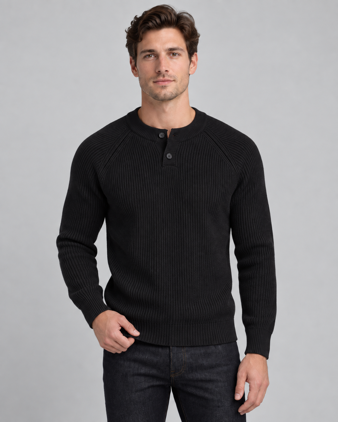 Men's Ribbed Henley Sweater - Button Placket Raglan Sleeve