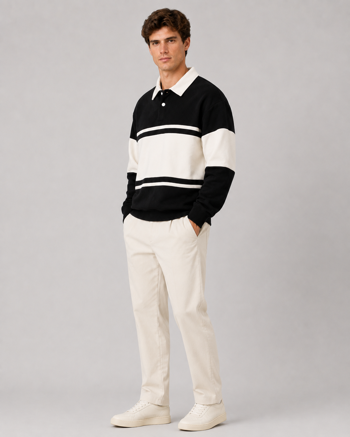 Men's Rugby Polo Sweater - Color Block Long Sleeve Relaxed Fit