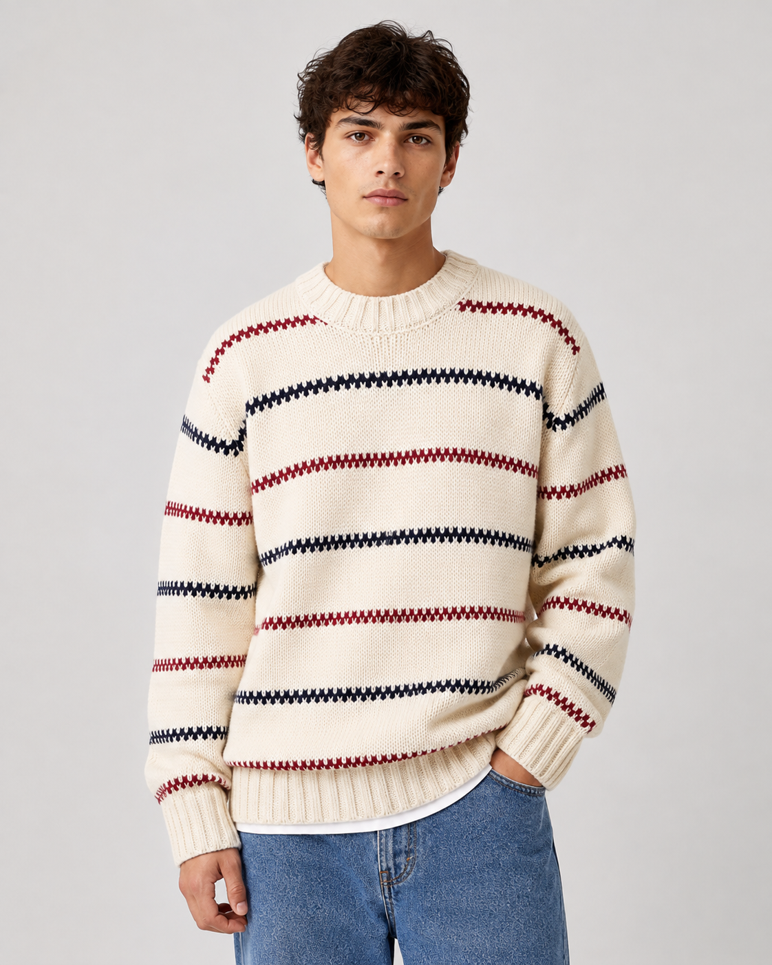 Men's Striped Knitted Sweater - Crew Neck Relaxed Fit