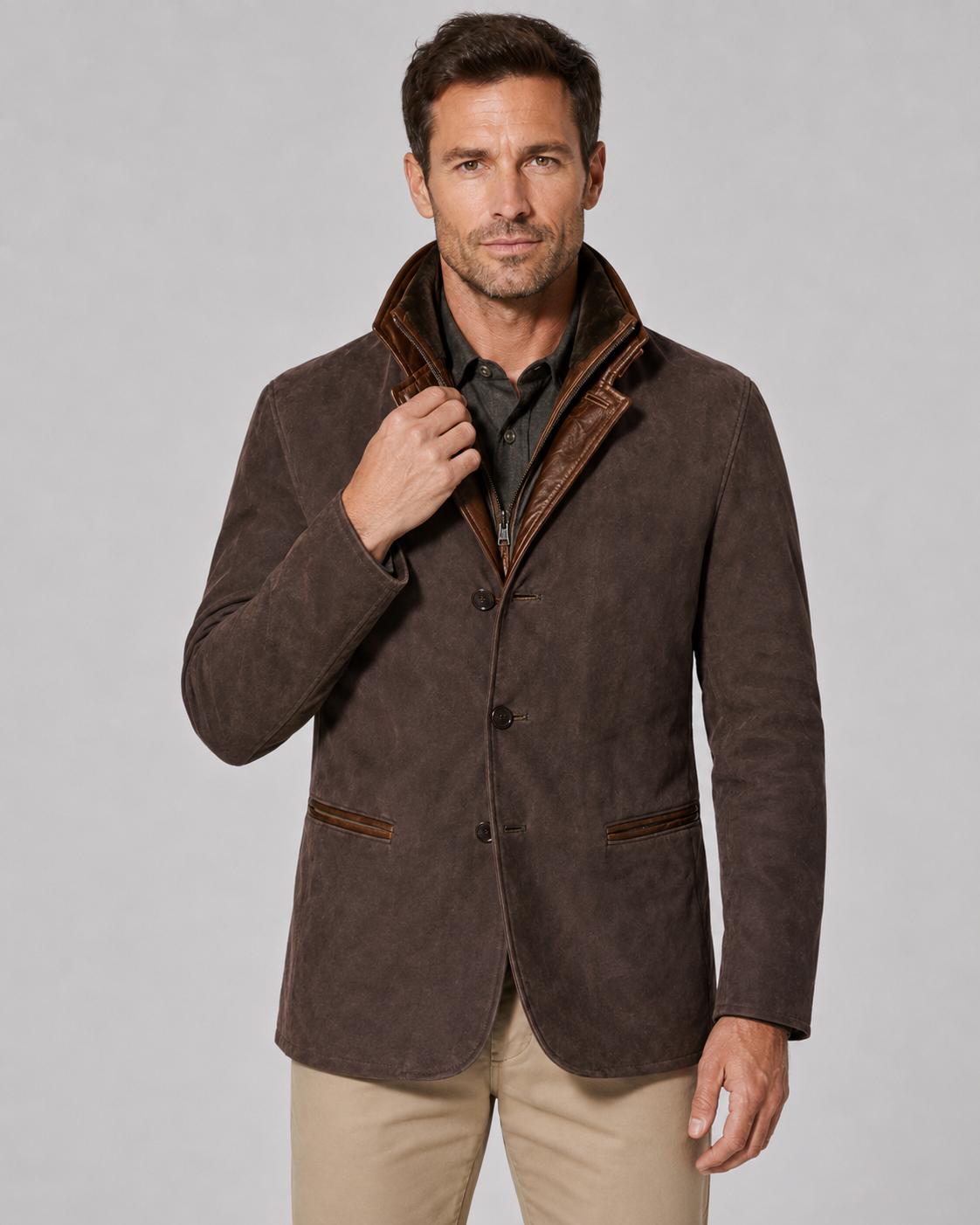 Suede Look Contrast Trim Three Button Blazer Jacket