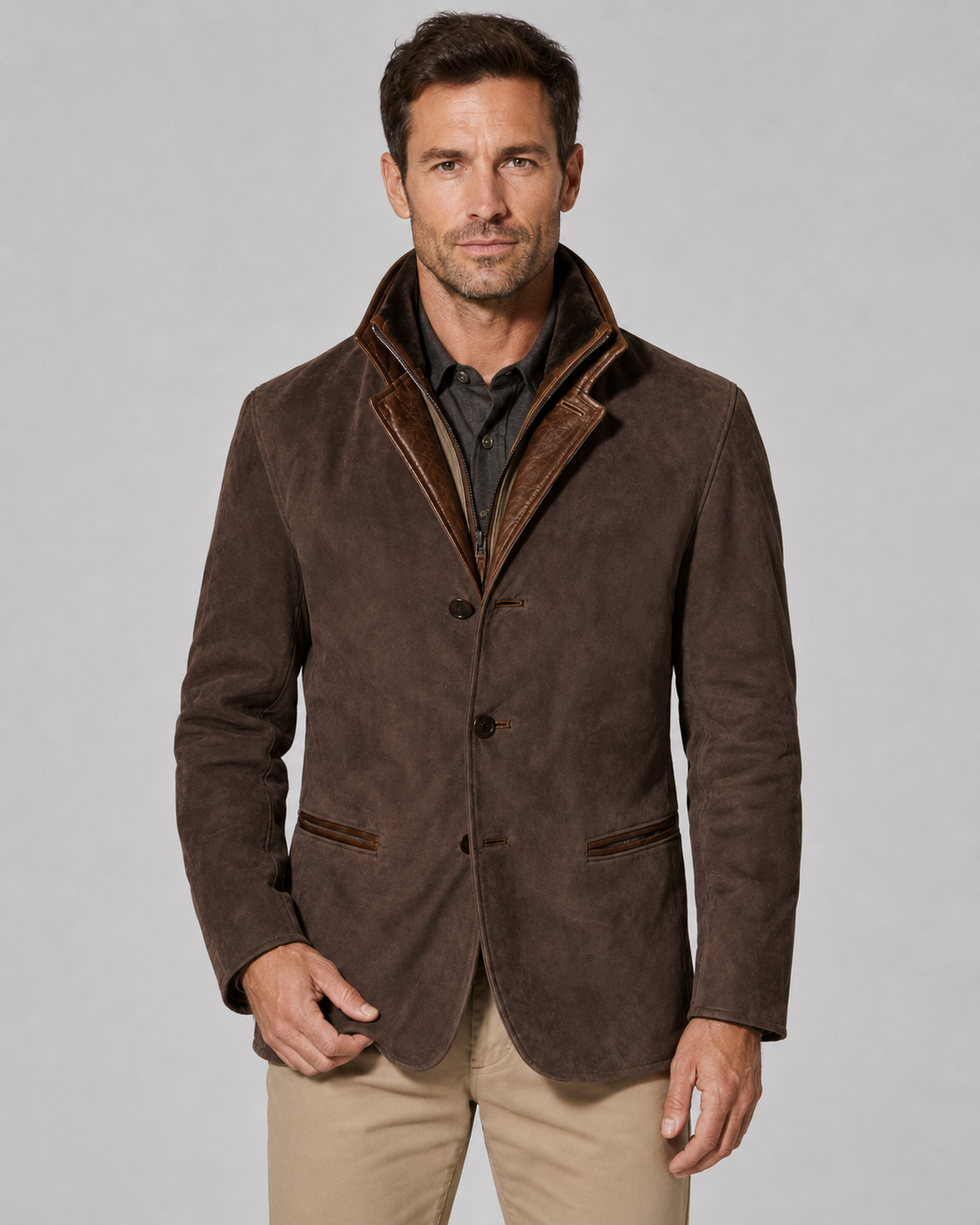 Suede Look Contrast Trim Three Button Blazer Jacket