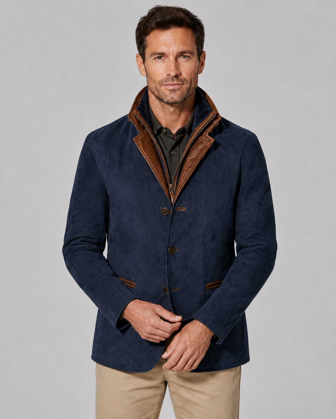 Suede Look Contrast Trim Three Button Blazer Jacket