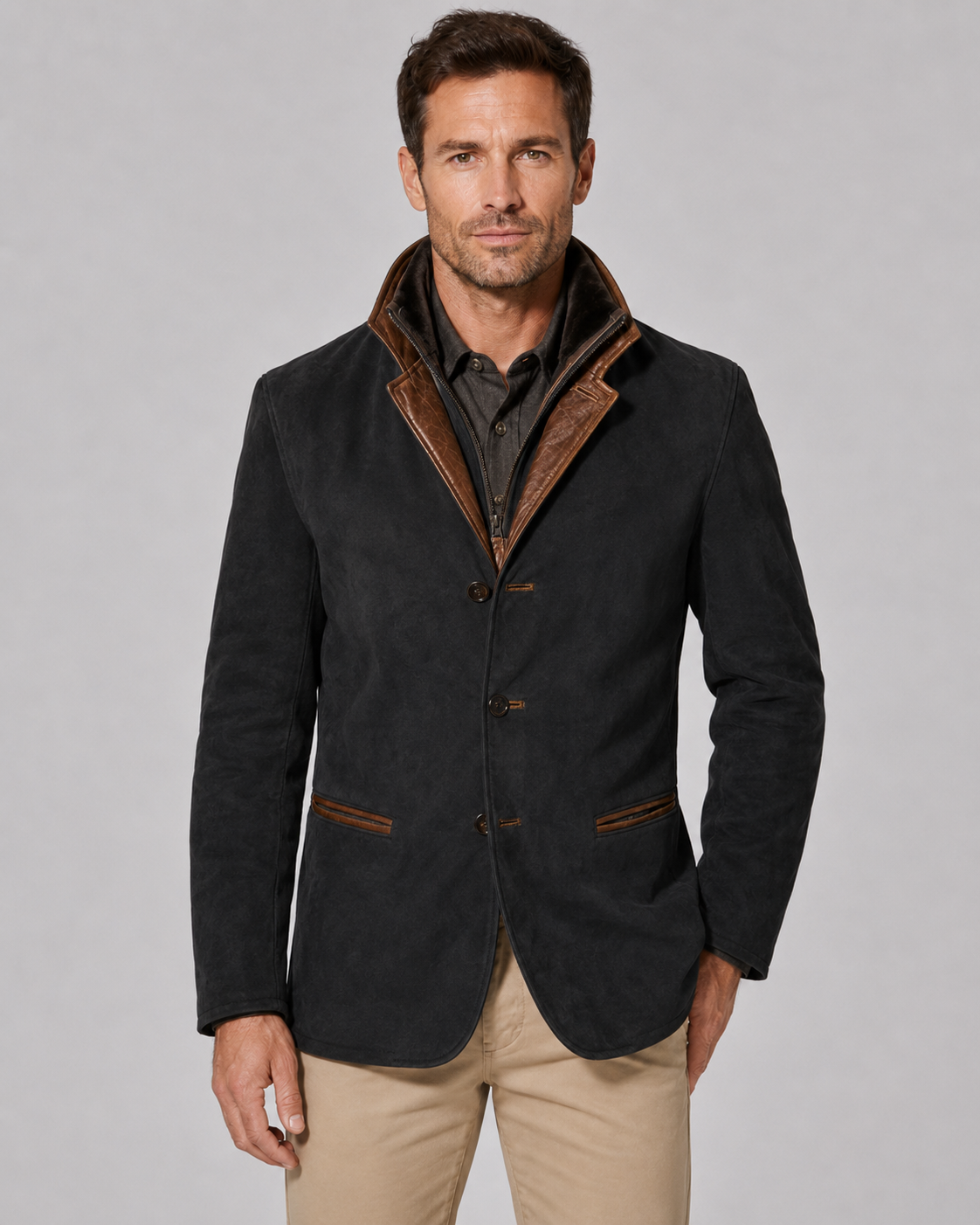 Suede Look Contrast Trim Three Button Blazer Jacket