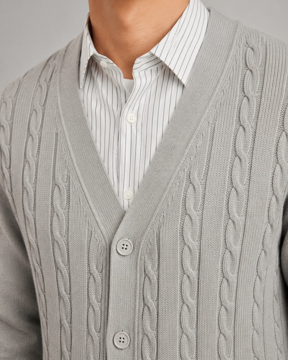 Men's V-Neck Cable Knit Cardigan - Button Front