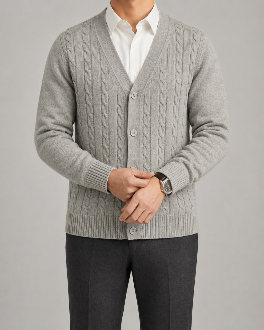 Men's V-Neck Cable Knit Cardigan - Button Front
