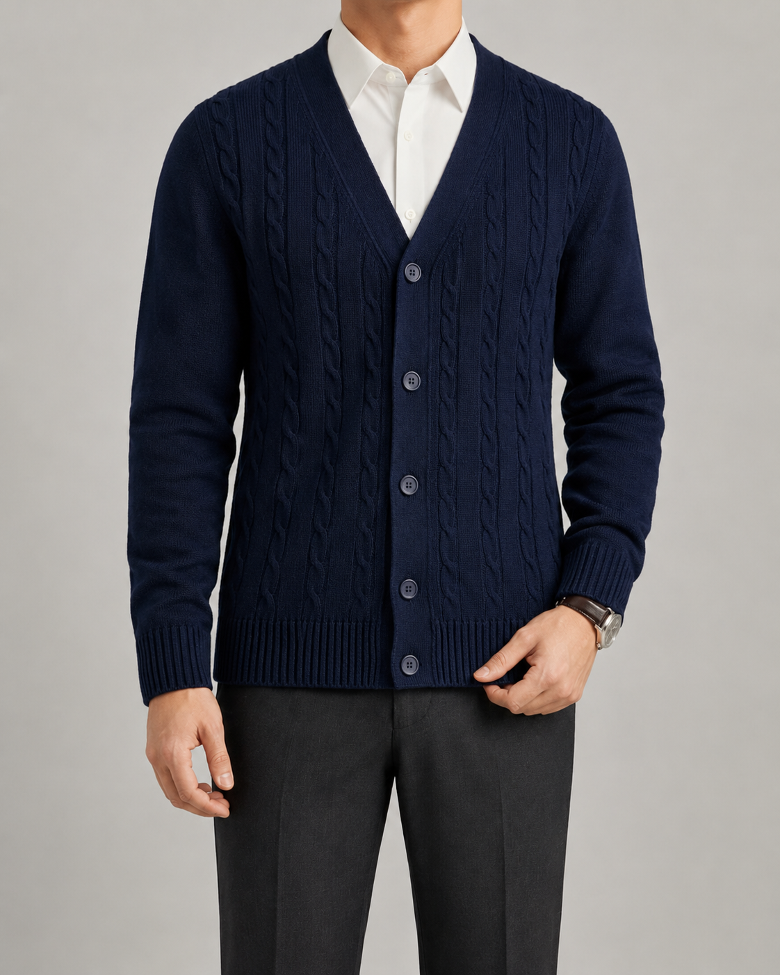 Men's V-Neck Cable Knit Cardigan - Button Front