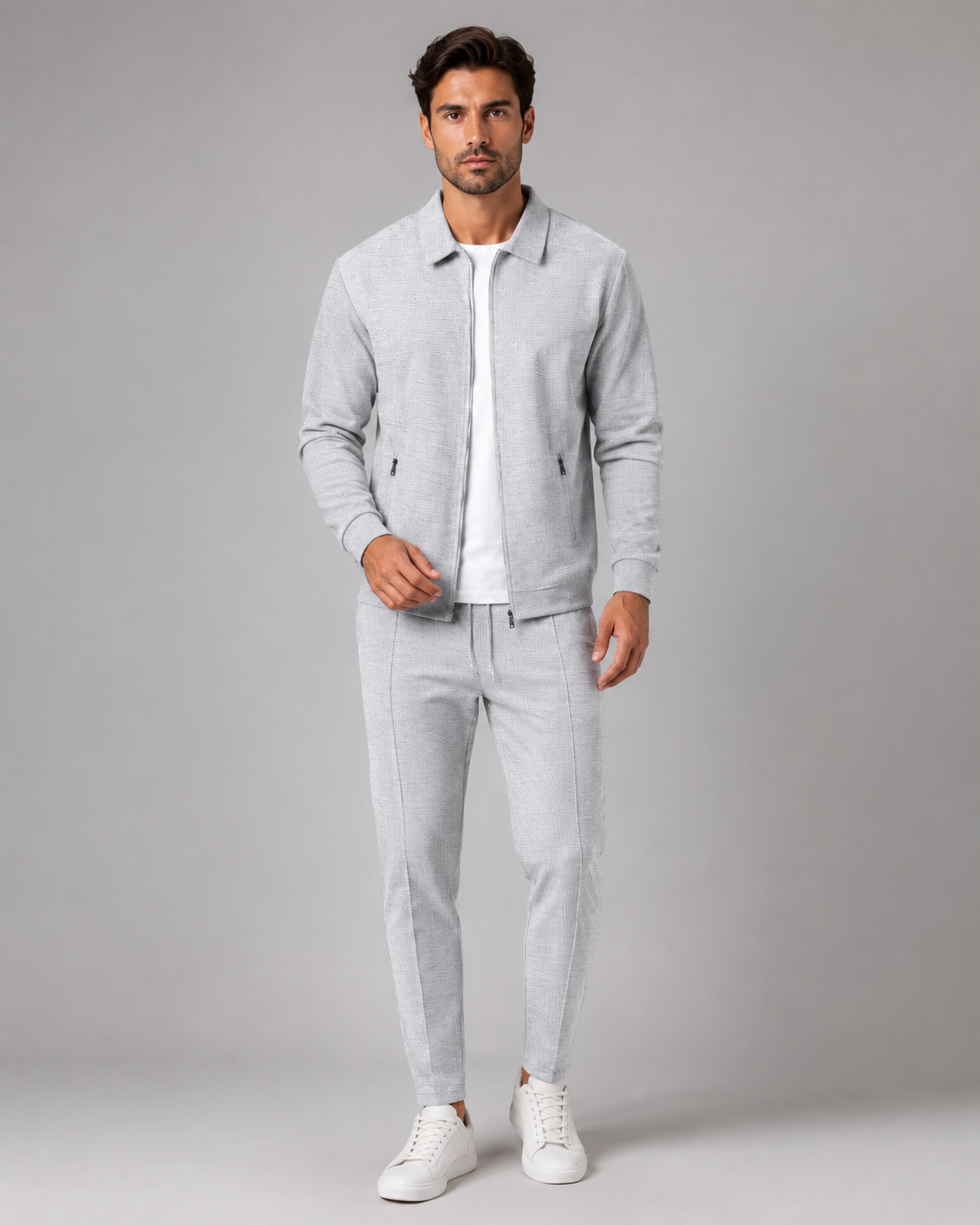 Collared Zip Jacket and Tapered Joggers Two Piece Set