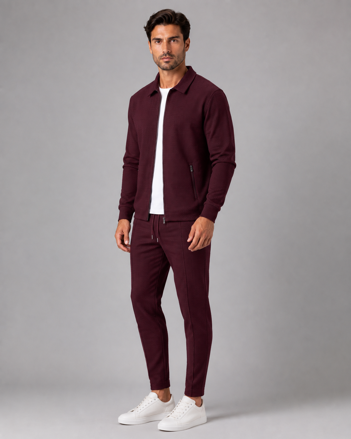 Collared Zip Jacket and Tapered Joggers Two Piece Set