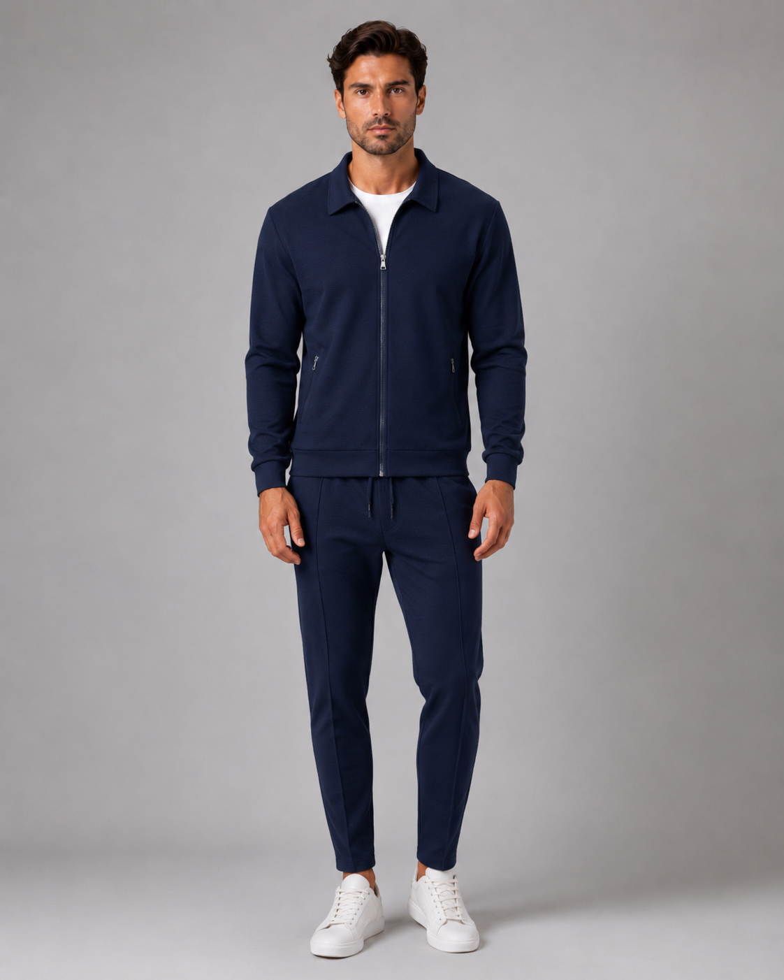 Collared Zip Jacket and Tapered Joggers Two Piece Set