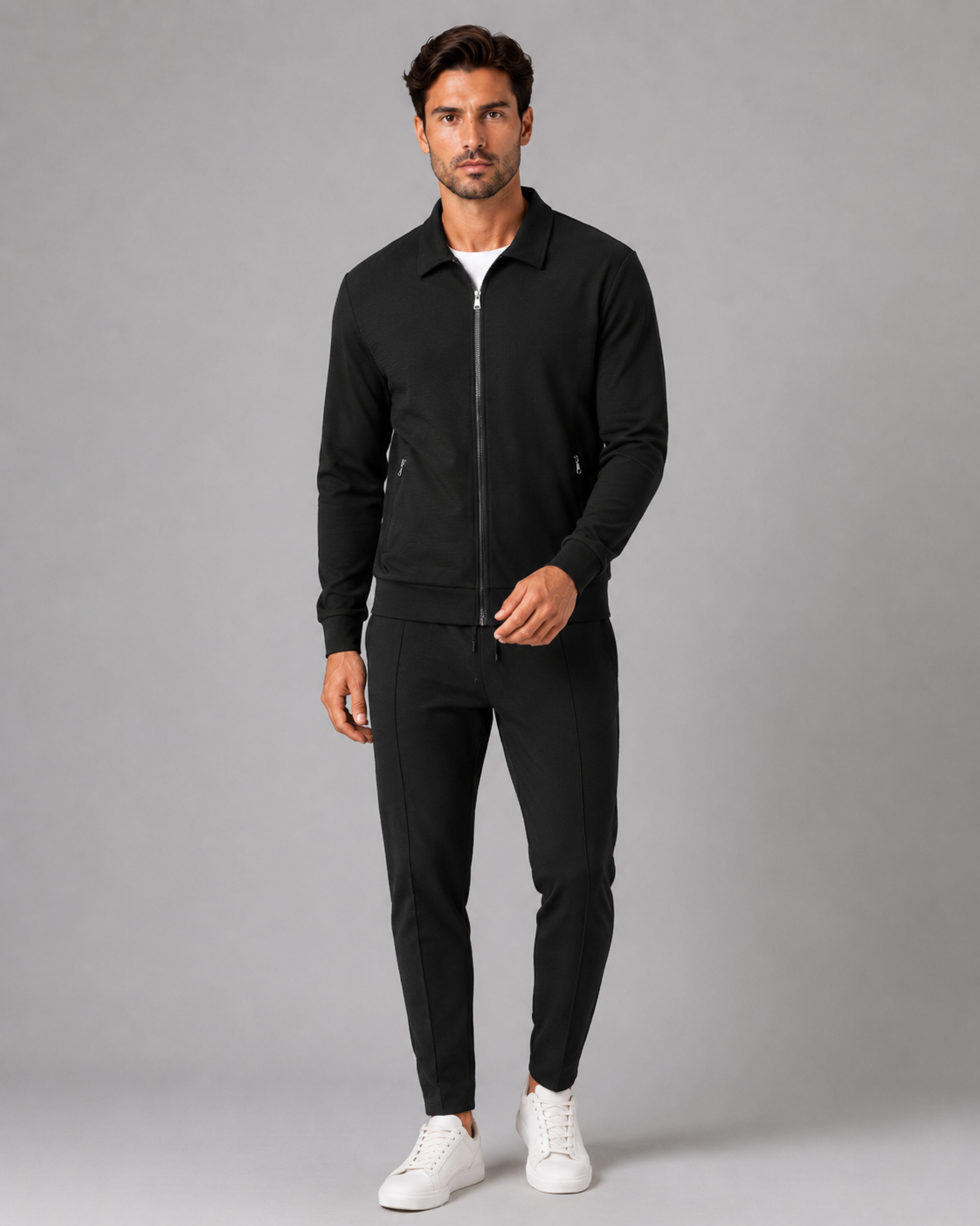 Collared Zip Jacket and Tapered Joggers Two Piece Set