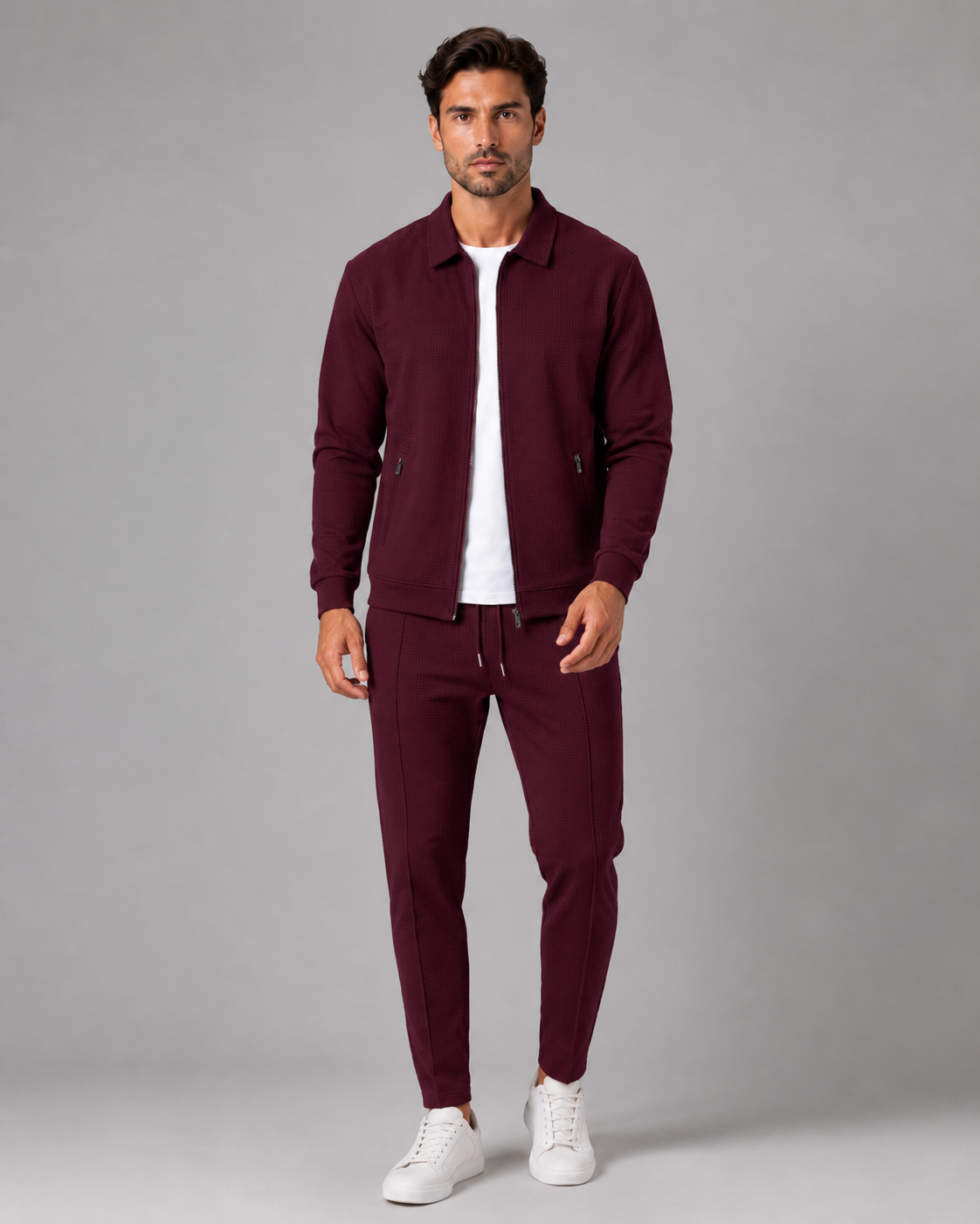Collared Zip Jacket and Tapered Joggers Two Piece Set