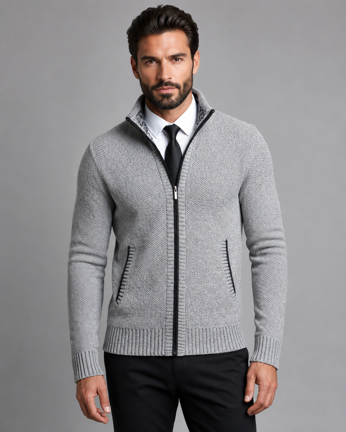 Men's Zip Sweater - Funnel Neck Textured Knit
