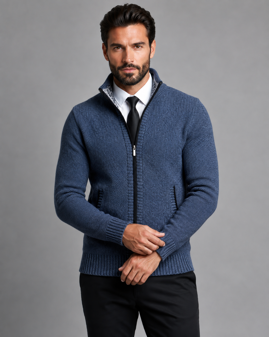 Men's Zip Sweater - Funnel Neck Textured Knit