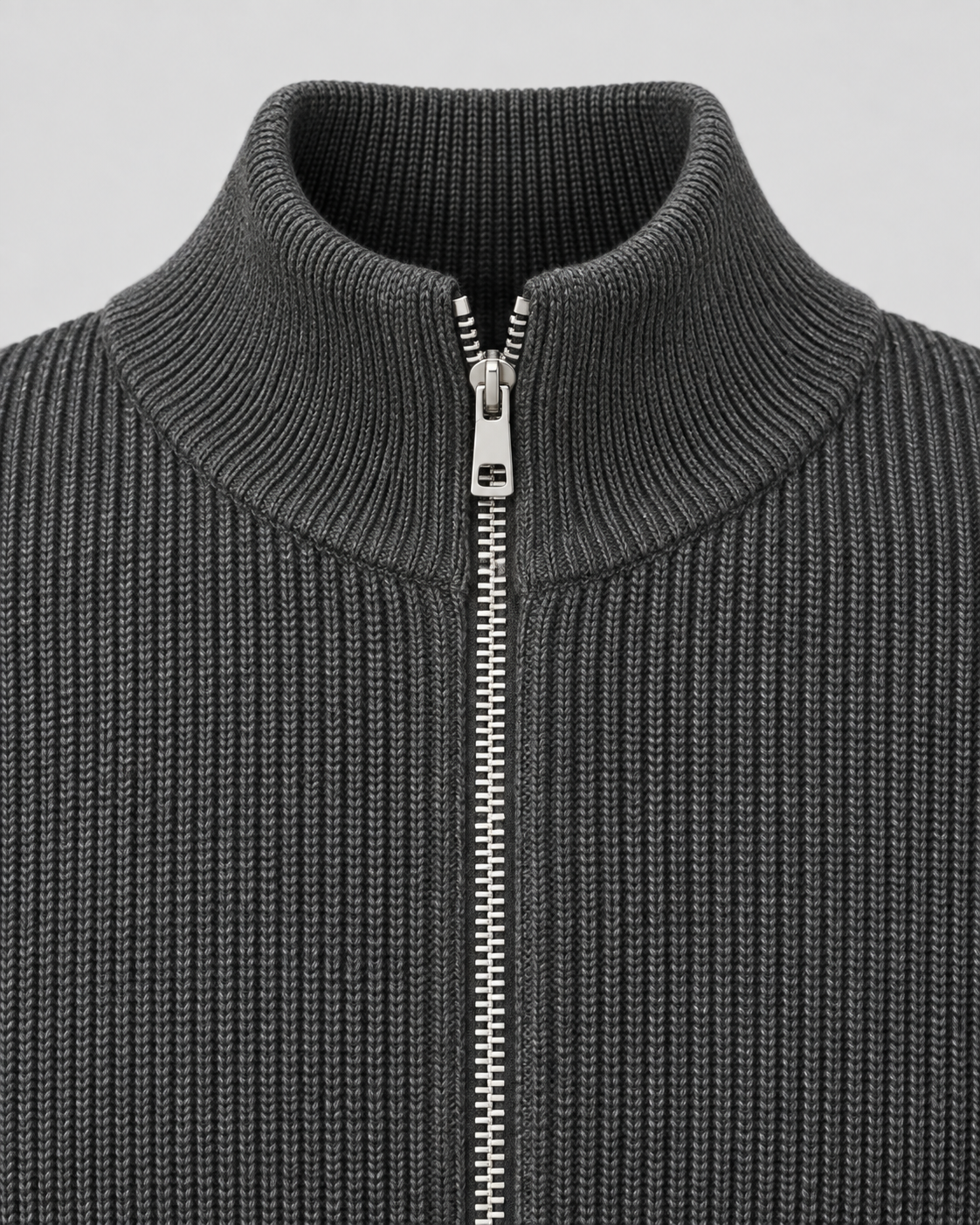 Men's Zip Sweater - Ribbed Knit Stand Collar