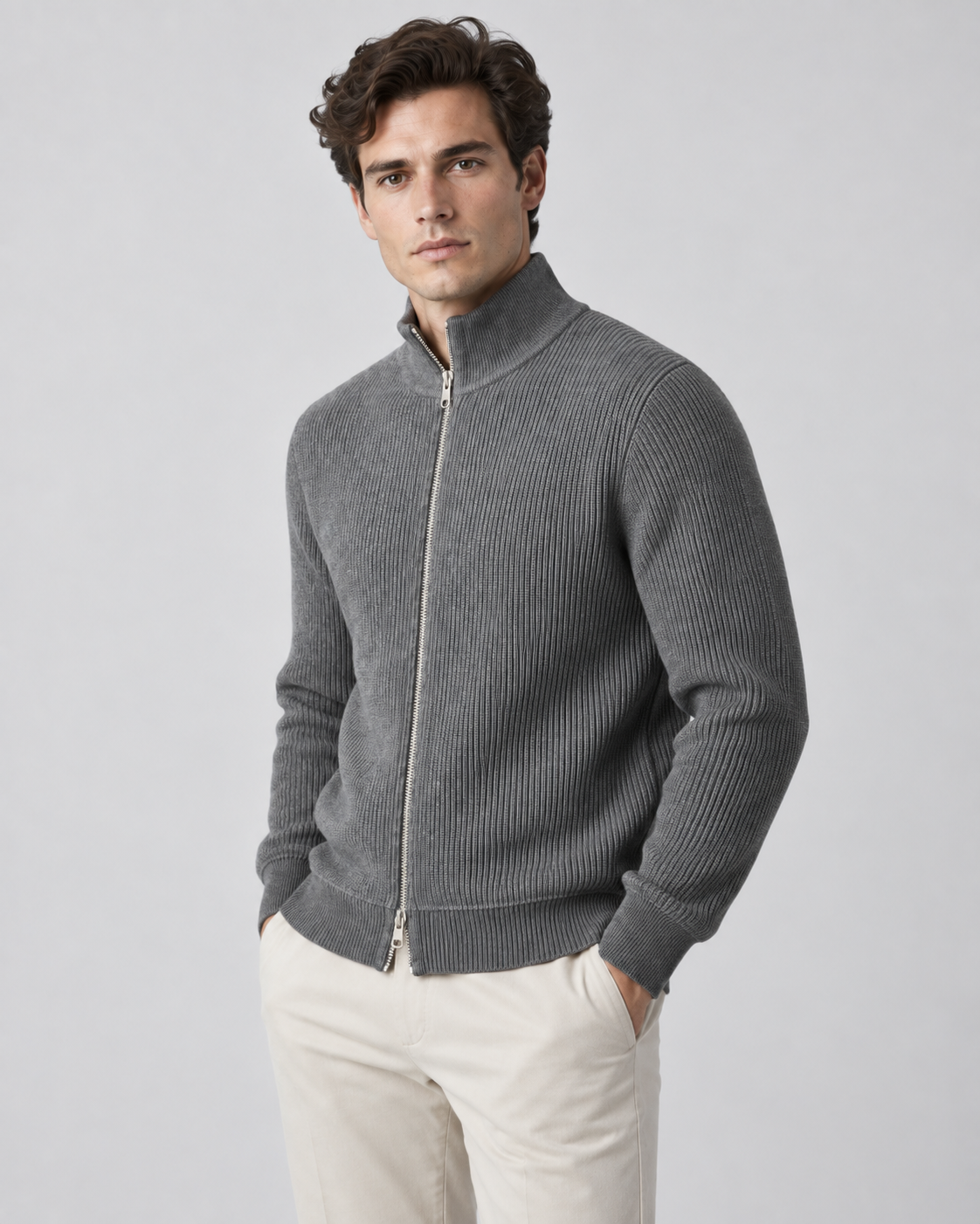 Men's Zip Sweater - Ribbed Knit Stand Collar