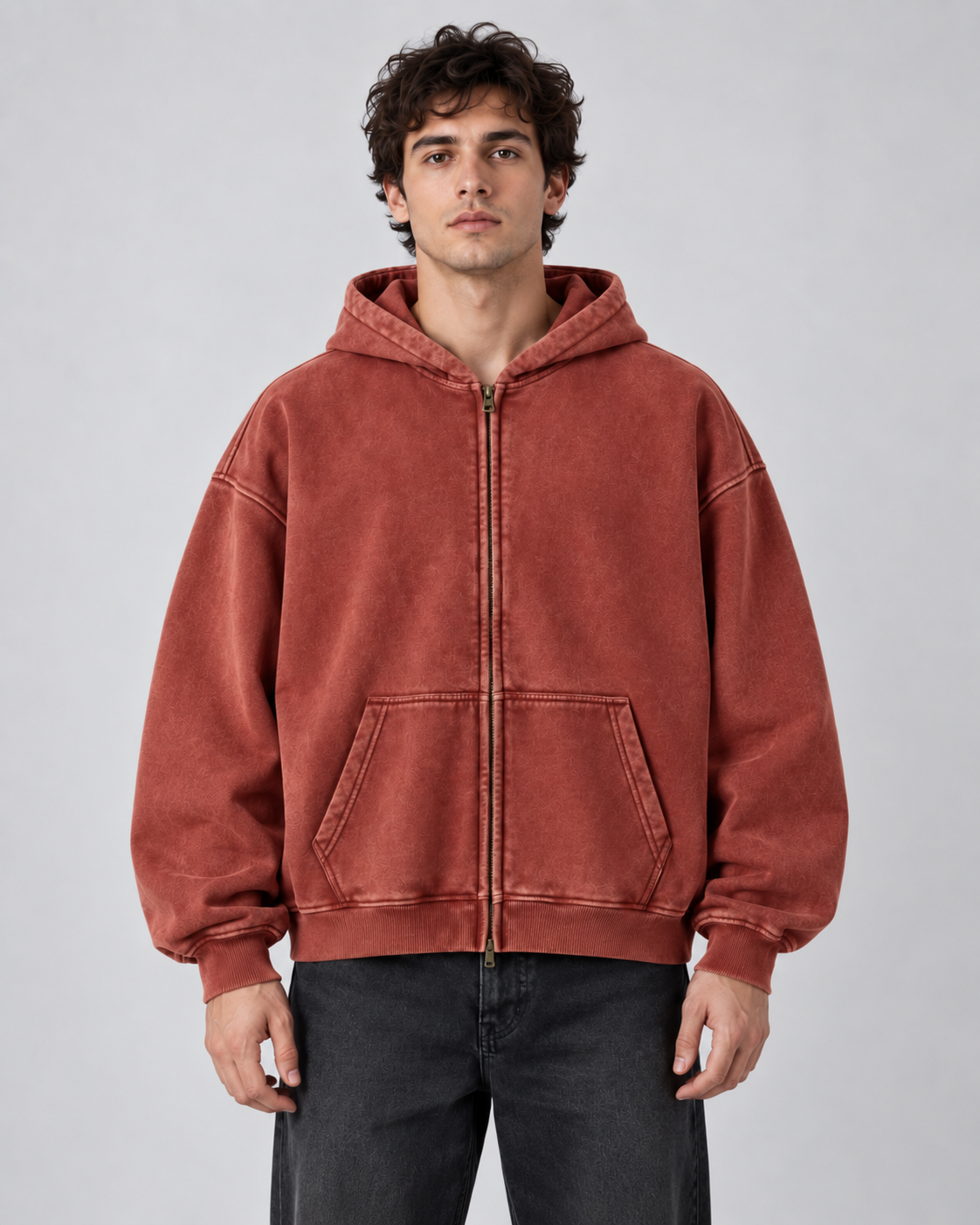 Men's Zip-Up Hoodie - Washed Fleece Oversized Fit