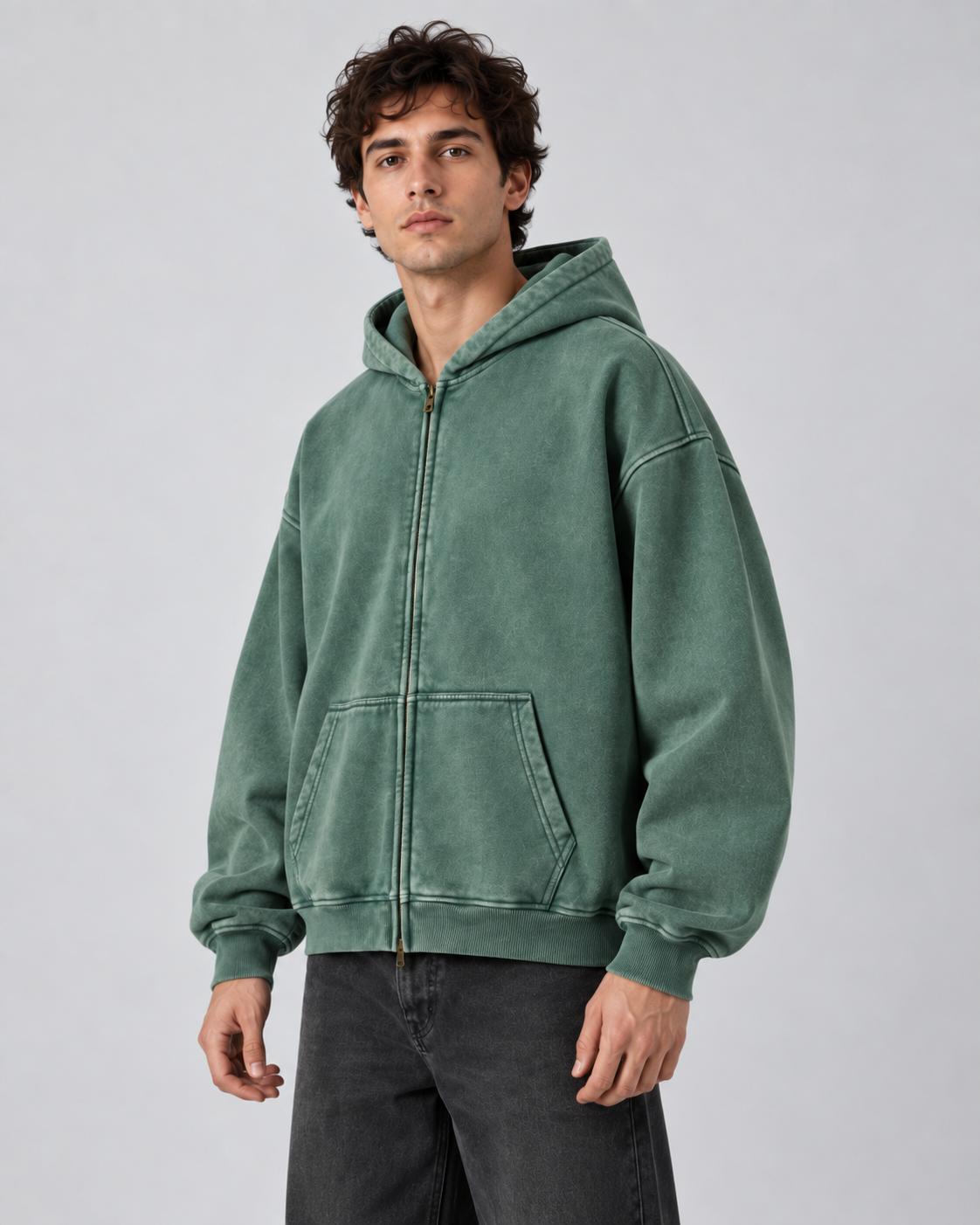 Men's Zip-Up Hoodie - Washed Fleece Oversized Fit